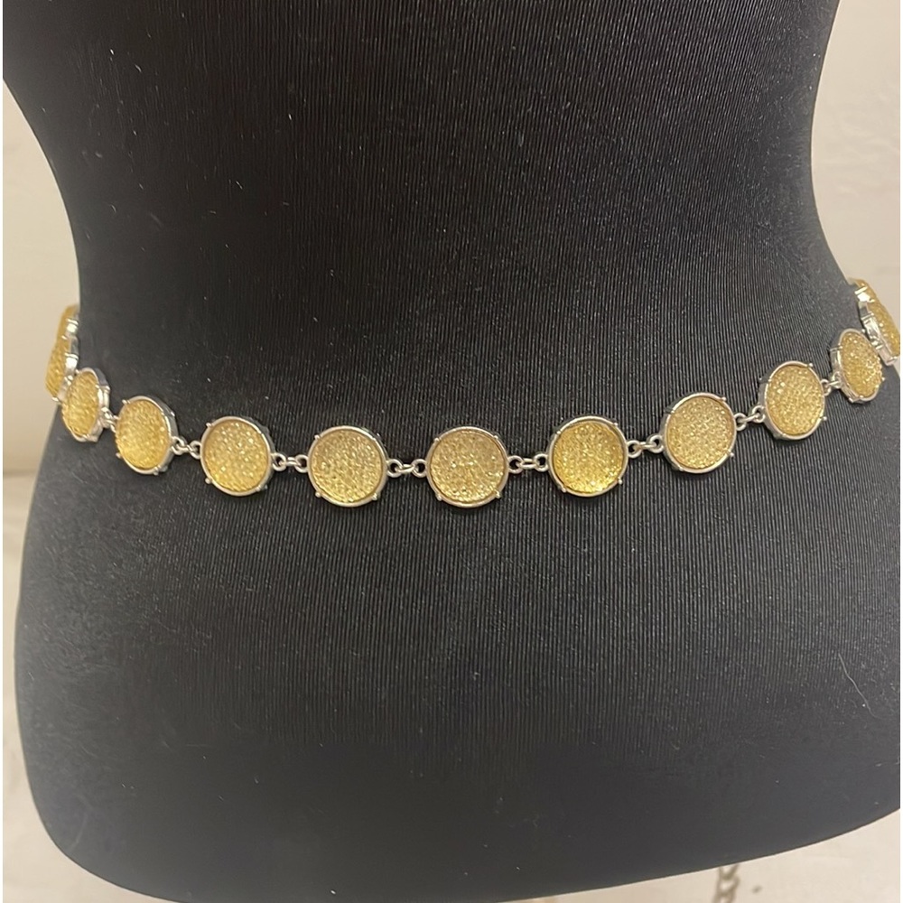 Chain belt in citrine and silver. Large Lobster clasp closure. 41 inches long